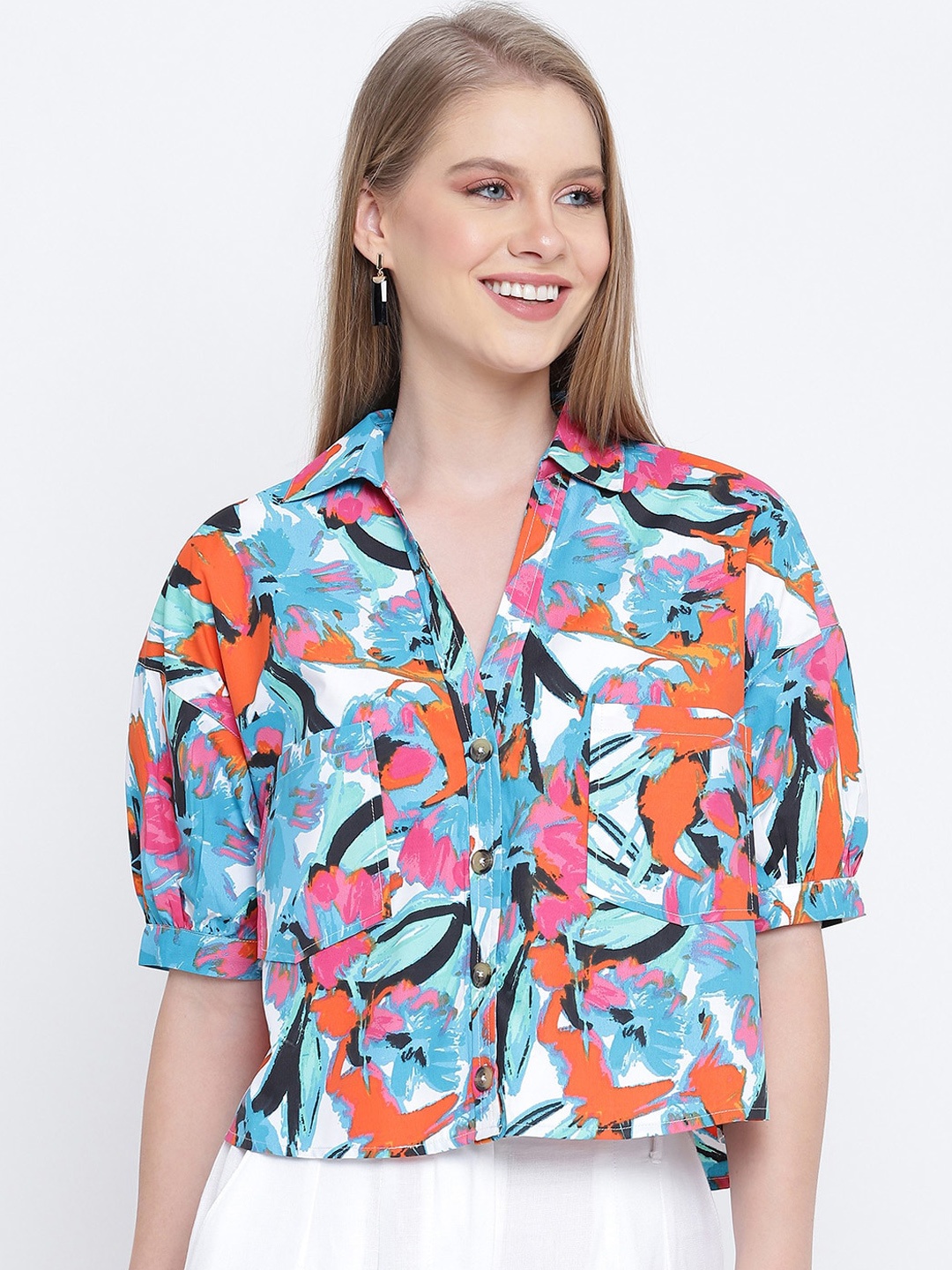 

Oxolloxo Women Blue Boxy Opaque Printed Casual Shirt