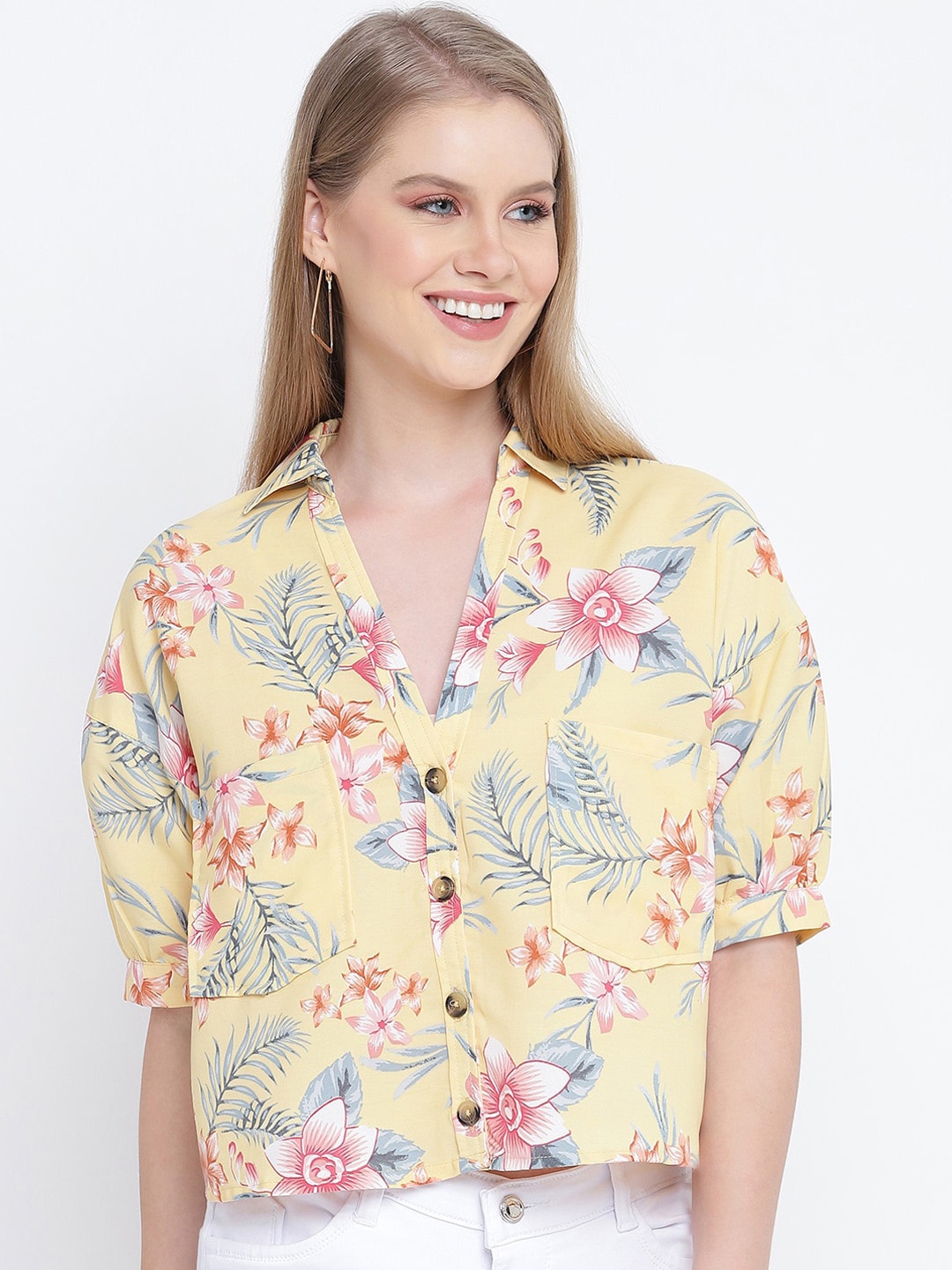 

Oxolloxo Women Yellow Boxy Floral Opaque Printed Casual Shirt