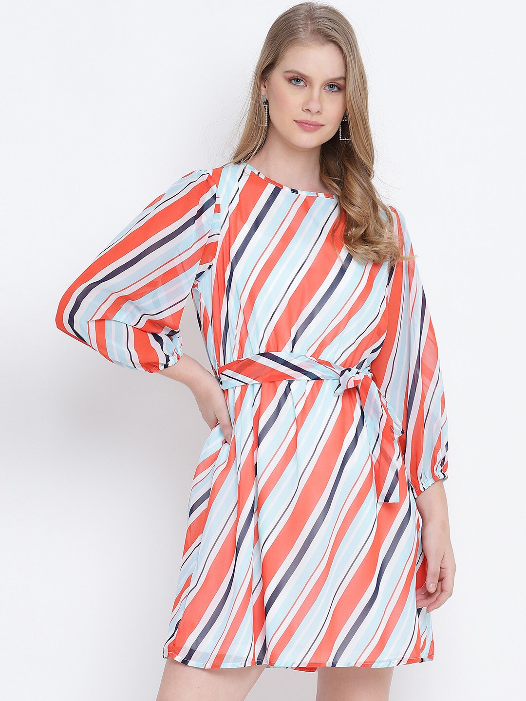 

Oxolloxo Coral & Turquoise Blue Striped Dress