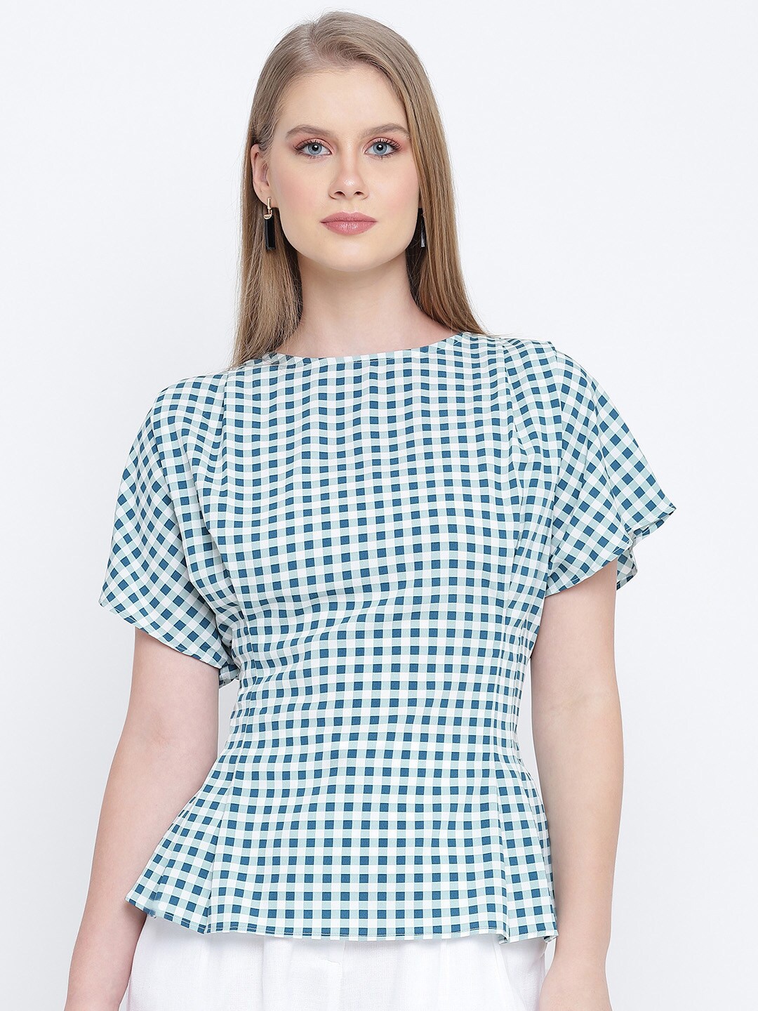 

Oxolloxo Women Green & White Checked Peplum Top