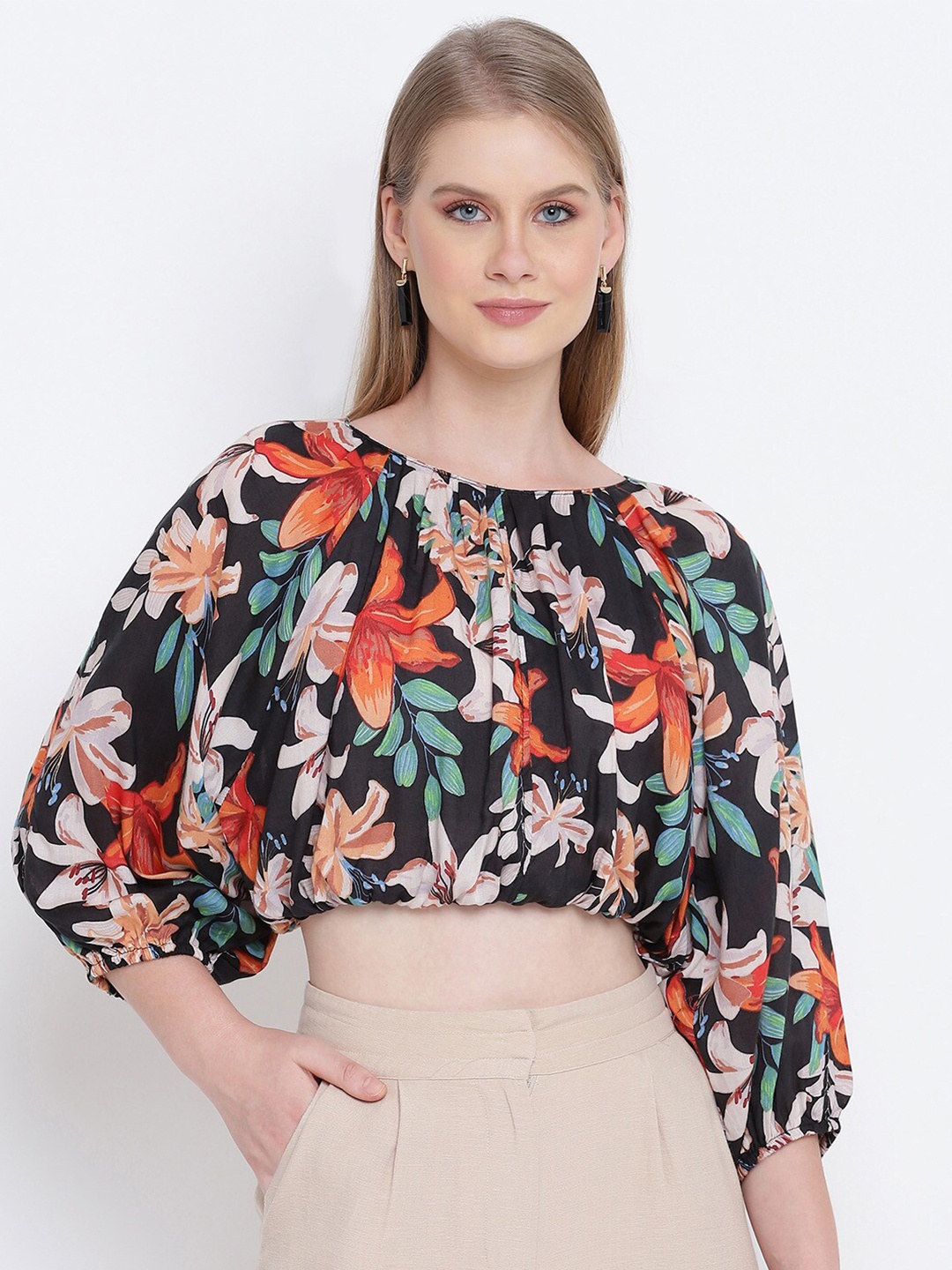 

Oxolloxo Women Multicoloured Floral Crepe Blouson Crop Top, Multi