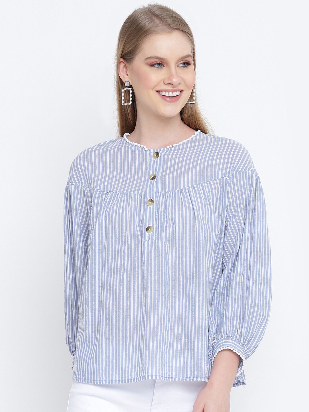 

Oxolloxo Women Blue & White Striped Linen Shirt Style Top