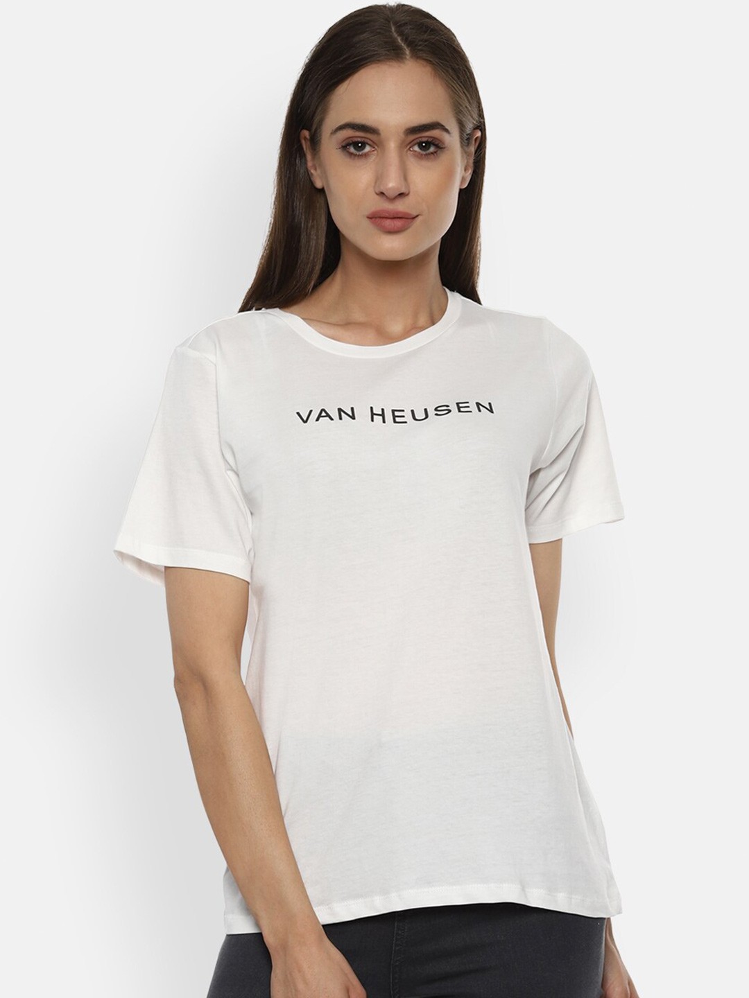 Van Heusen Woman Women White Typography Printed Cotton Pure Cotton T-shirt