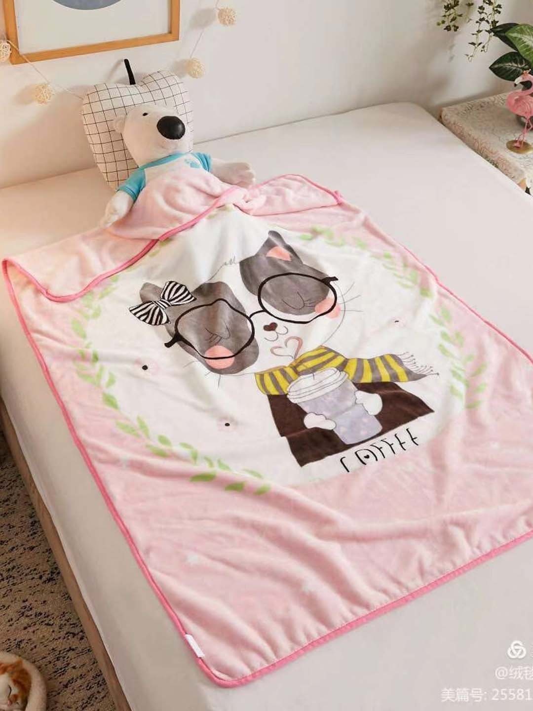 

Butterthief Kids Pink & White Cartoon Characters AC Room 233 GSM Single Bed Blanket
