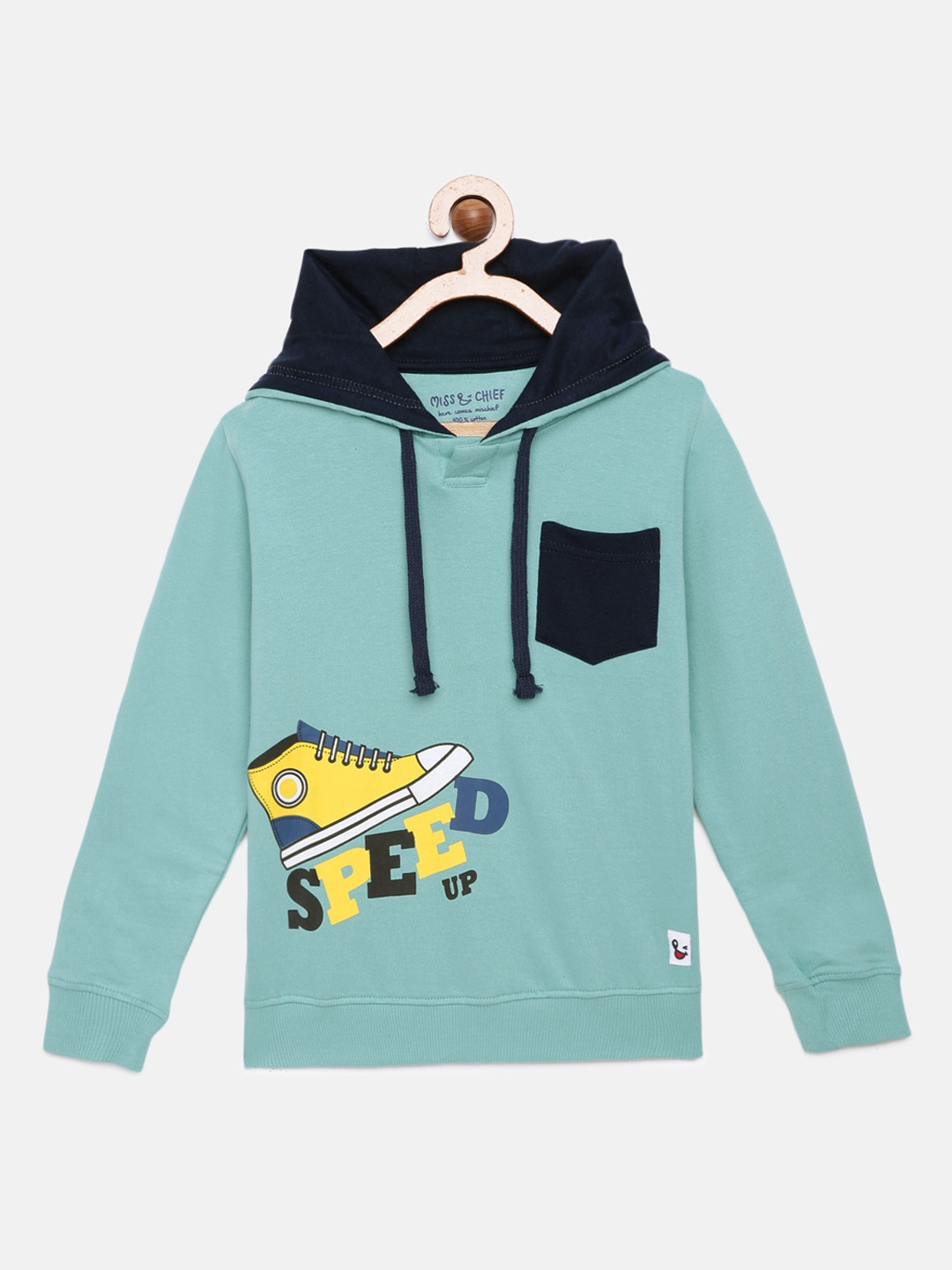 

Miss & Chief Boys Blue Printed Pure Cotton Hooded Sweatshirt