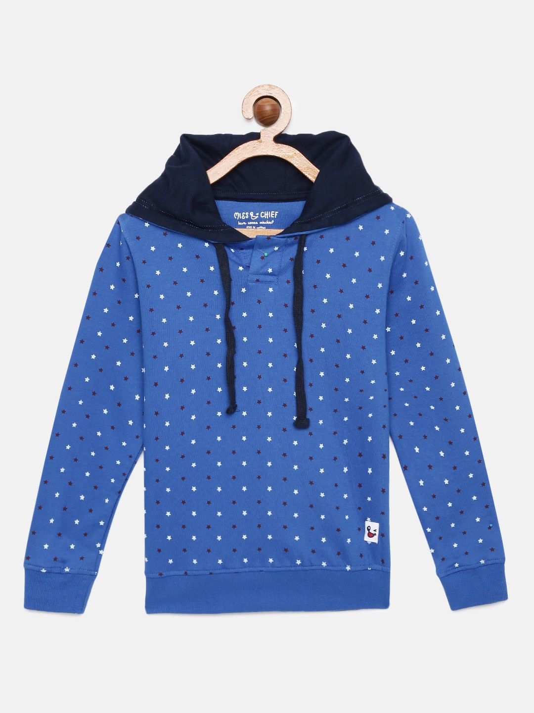 

Miss & Chief Boys Blue Printed Pure Cotton Hooded Sweatshirt