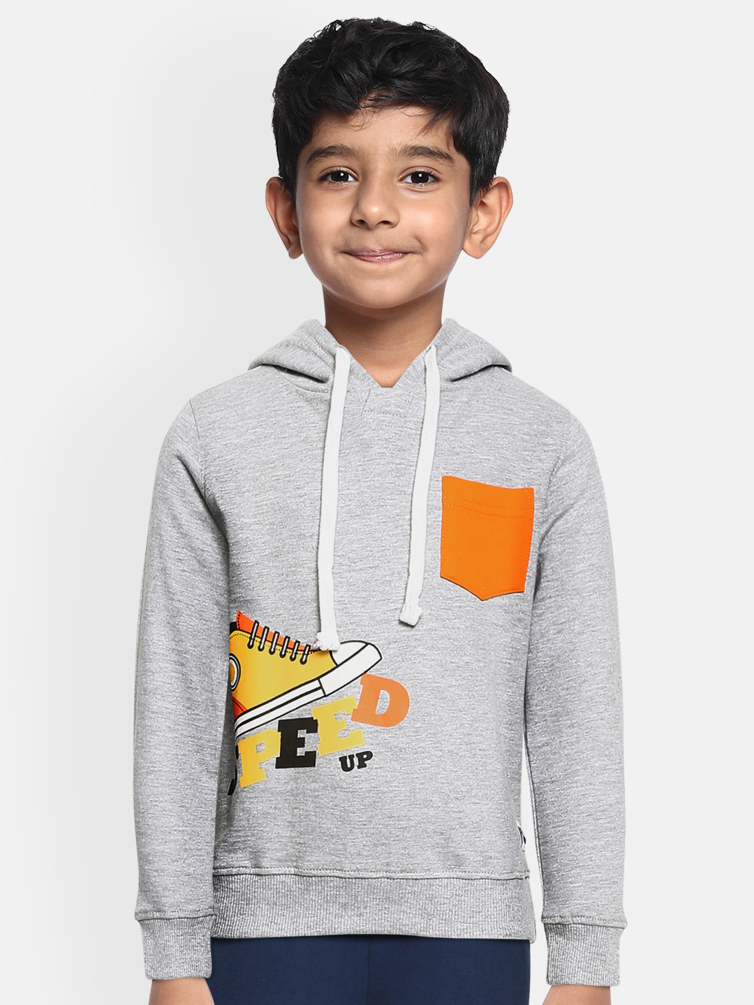 

Miss & Chief Boys Grey Melange Printed Hooded Sweatshirt