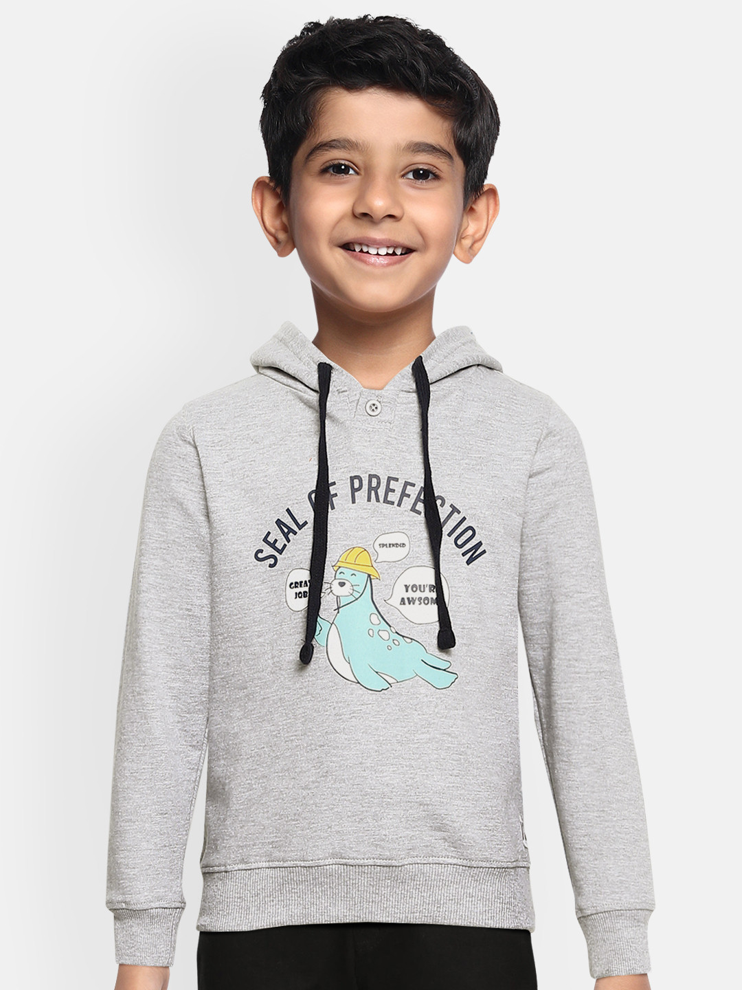 

Miss & Chief Boys Grey Melange Printed Hooded Sweatshirt