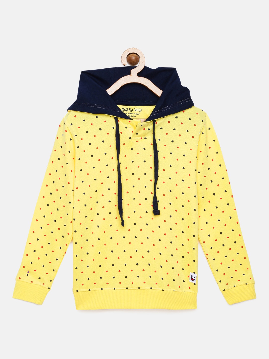 

Miss & Chief Boys Yellow Printed Pure Cotton Hooded Sweatshirt
