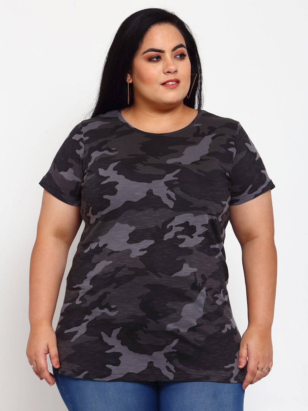 

plusS Women Grey Camouflage Printed T-shirt