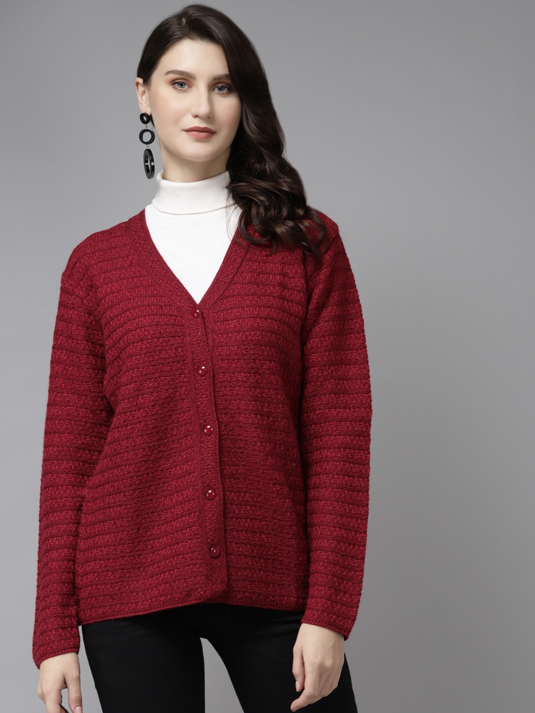 

Cayman Women Maroon Self Striped Cardigan