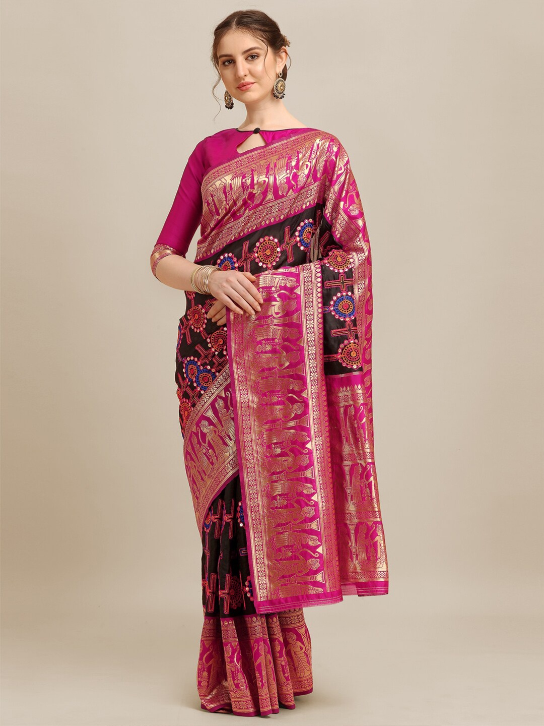 

Mitera Black & Magenta Ethnic Motifs Kutchi Embroidered Zari Banarasi Jacquard Saree