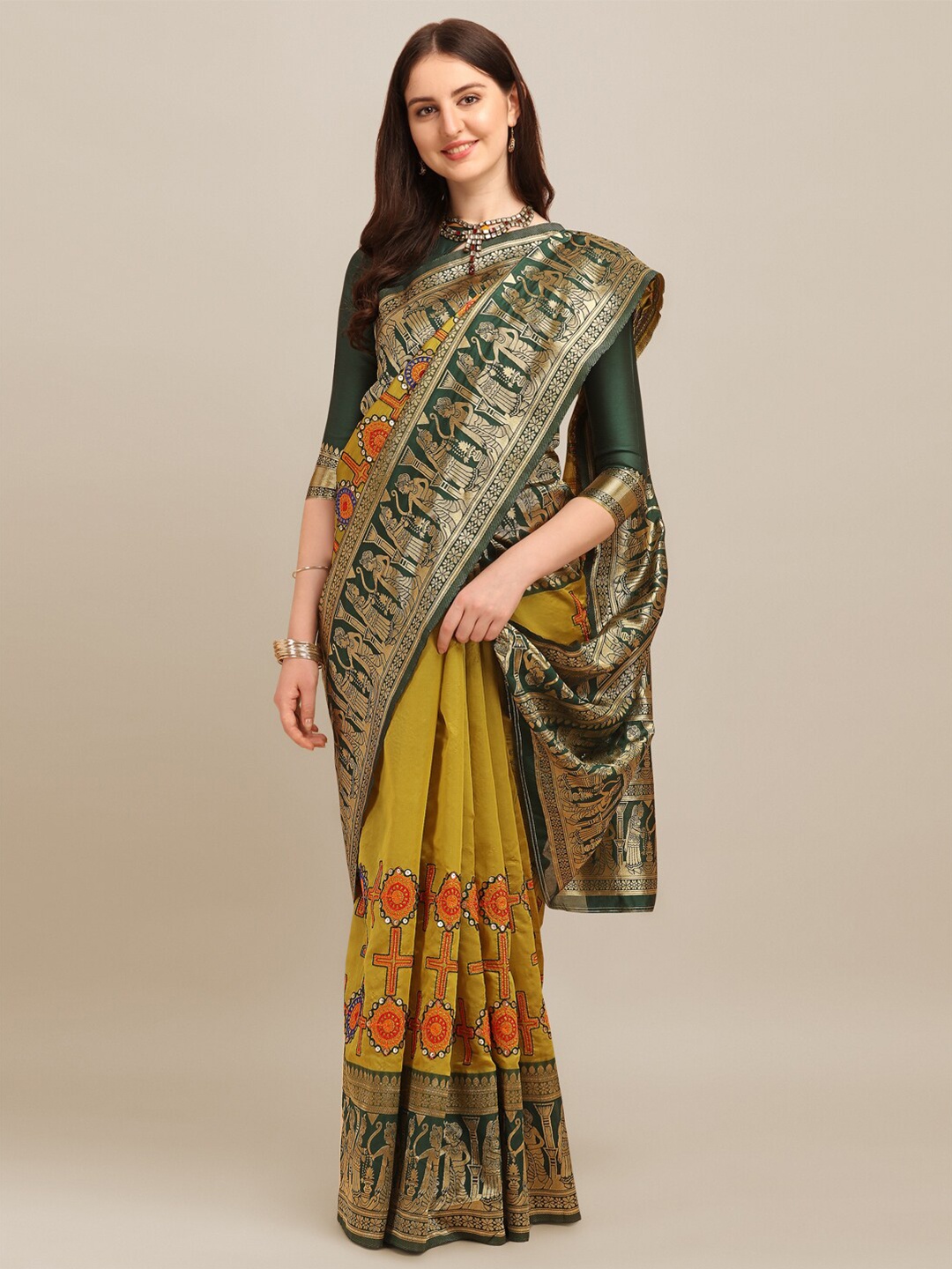 

Mitera Yellow & Green Ethnic Motifs Kutchi Embroidered Zari Banarasi Jacquard Saree