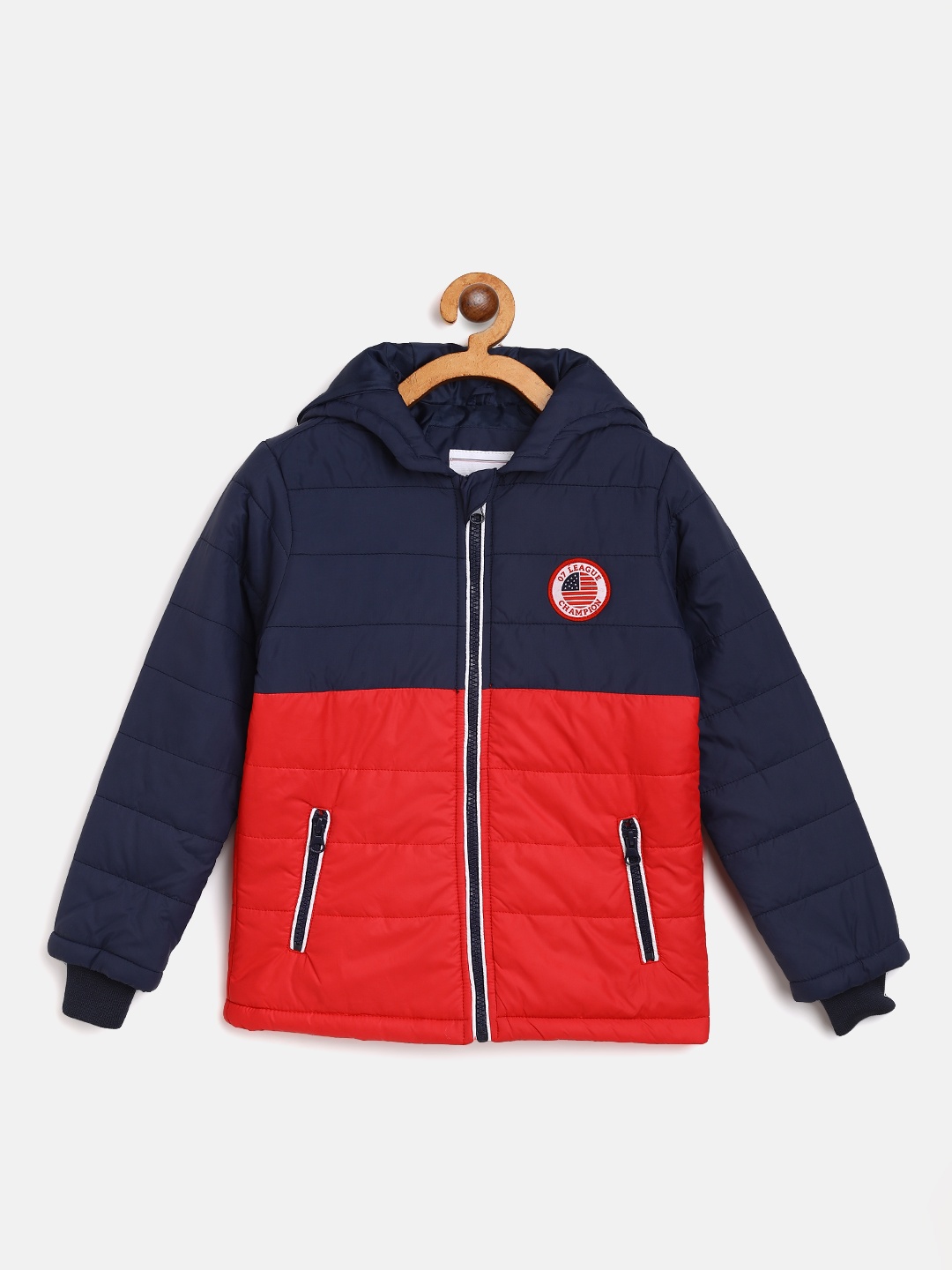 

Miss & Chief Boys Navy Blue & Red Colourblocked Hooded Padded Jacket
