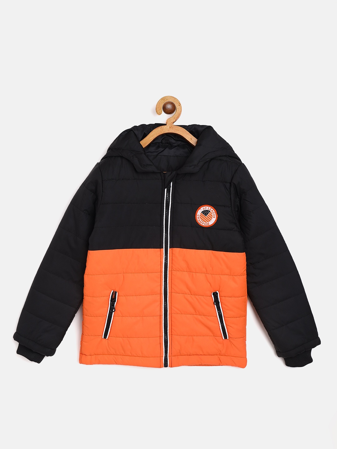 

Miss & Chief Boys Black & Orange Colourblocked Padded Jacket with Patchwork