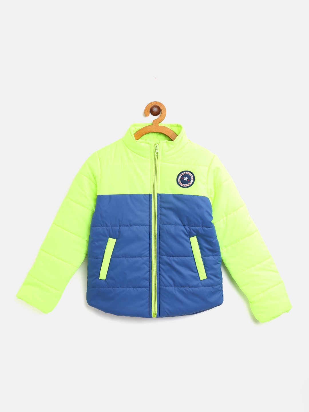 

Miss & Chief Boys Fluorescent Green & Blue Colourblocked Padded Jacket