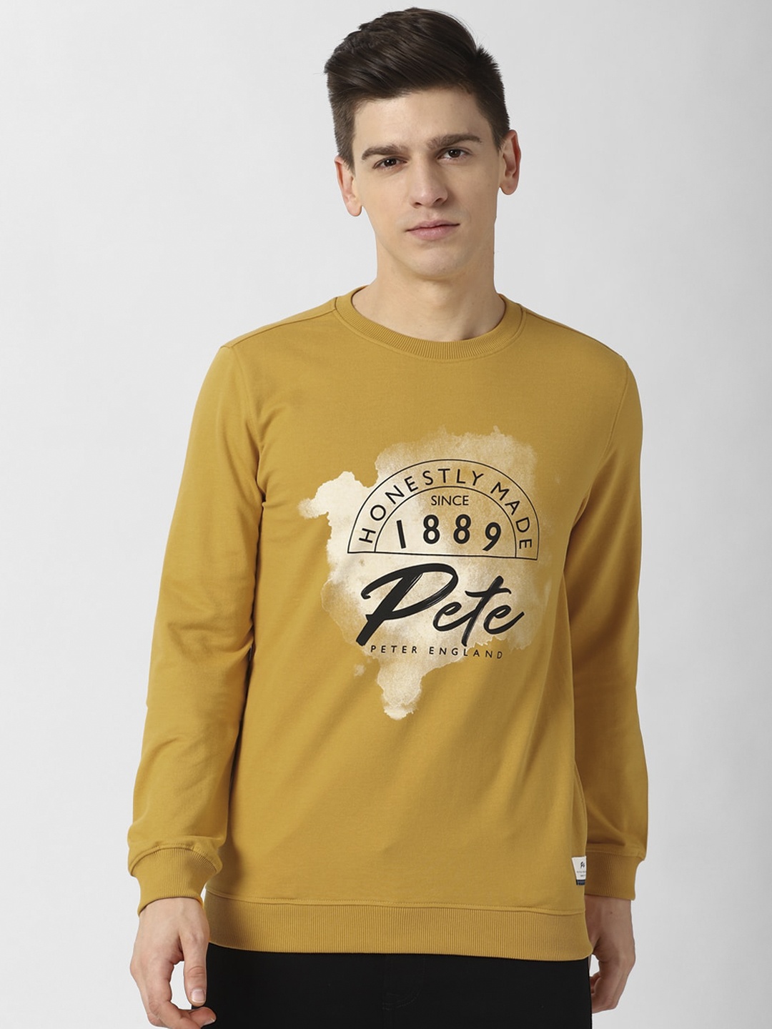 

Peter England Casuals Men Mustard Yellow Printed Cotton Sweatshirt