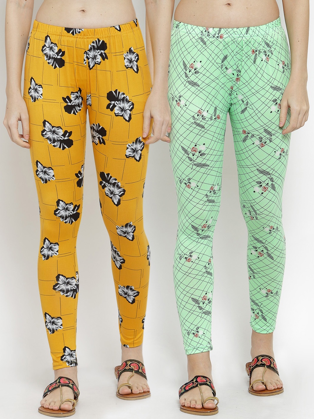 KLOTTHE Women Pack Of 2 Printed Ankle-Length Leggings, Yellow