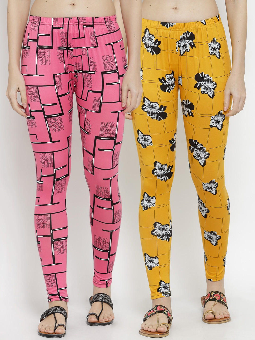 

KLOTTHE Women Pack Of 2 Printed Ankle-Length Leggings, Yellow