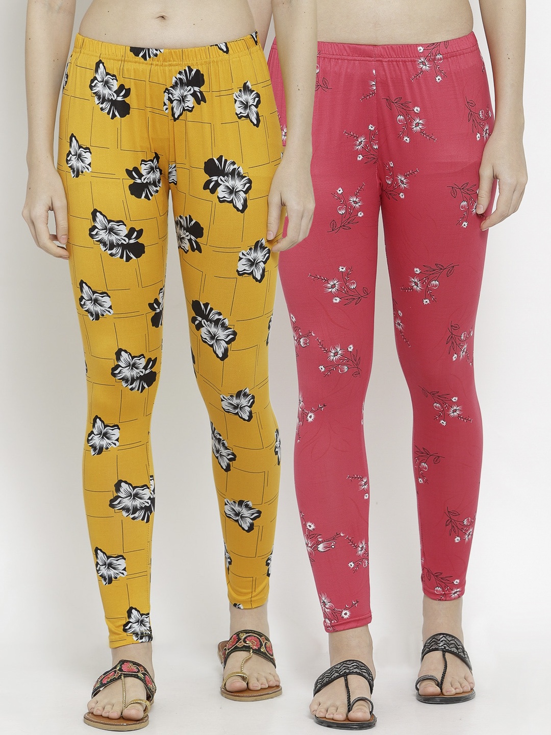 KLOTTHE Women Pack Of 2 Printed Ankle-Length Leggings, Yellow