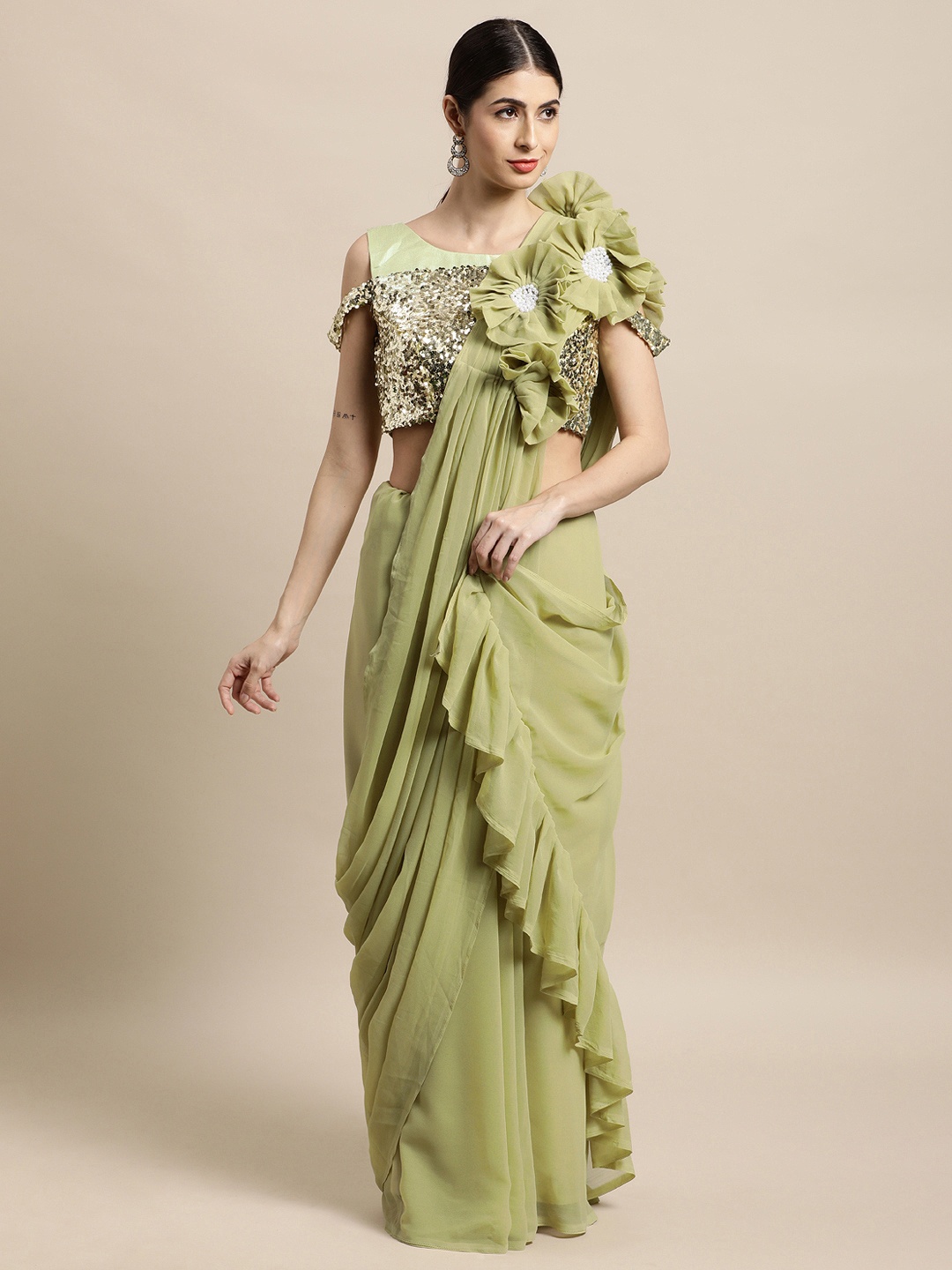 

Tikhi Imli Olive Green Patchwork Ruffle Saree