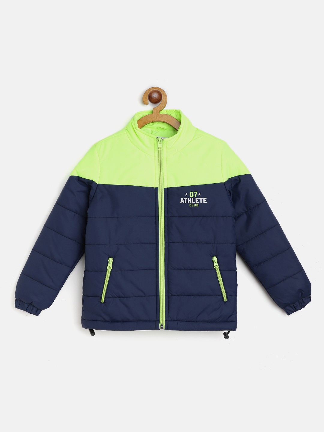 

Miss & Chief Boys Fluorescent Green & Navy Blue Colourblocked Padded Jacket