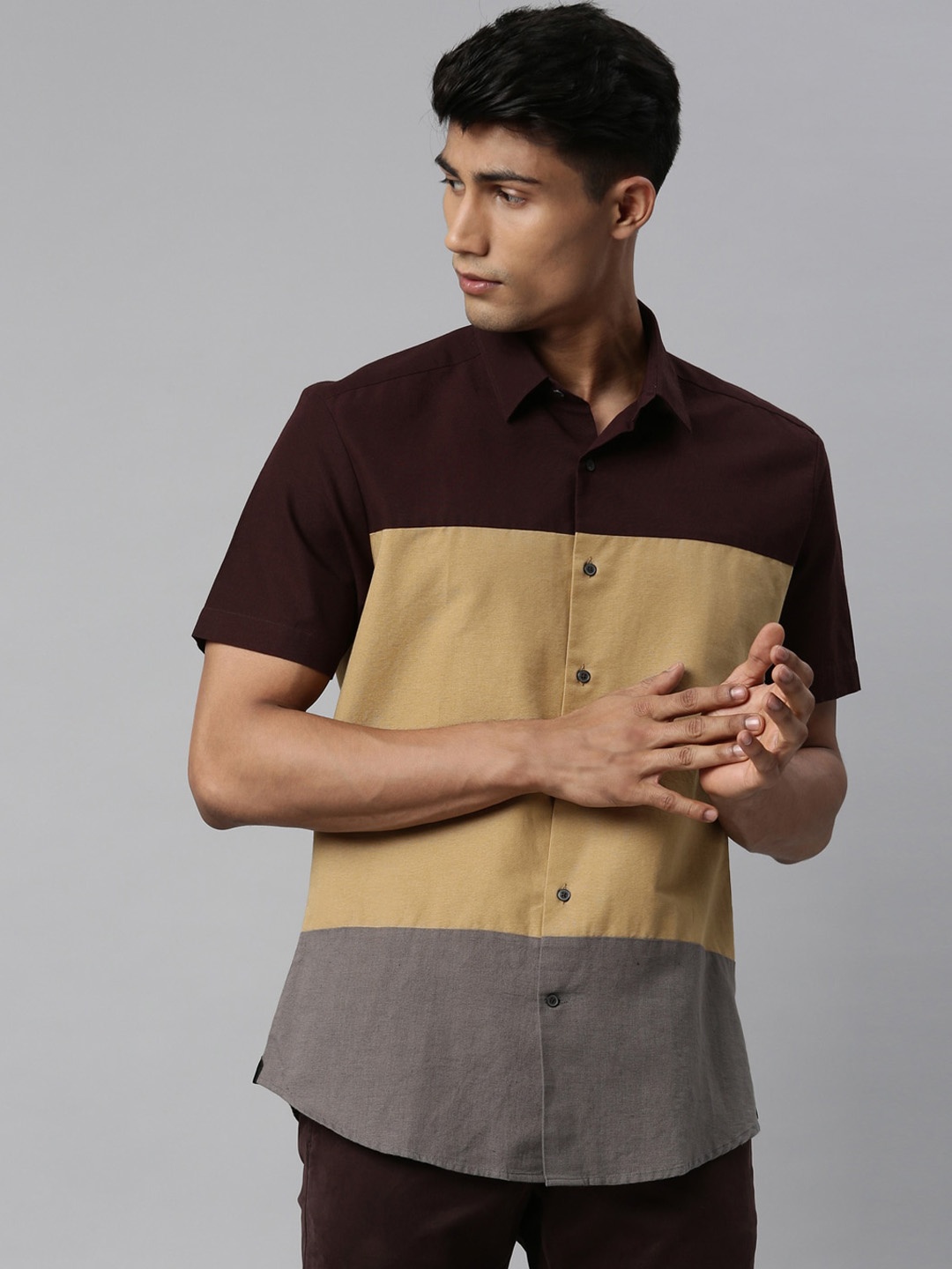 

RARE RABBIT Men Maroon Slim Fit Opaque Colourblocked Casual Shirt