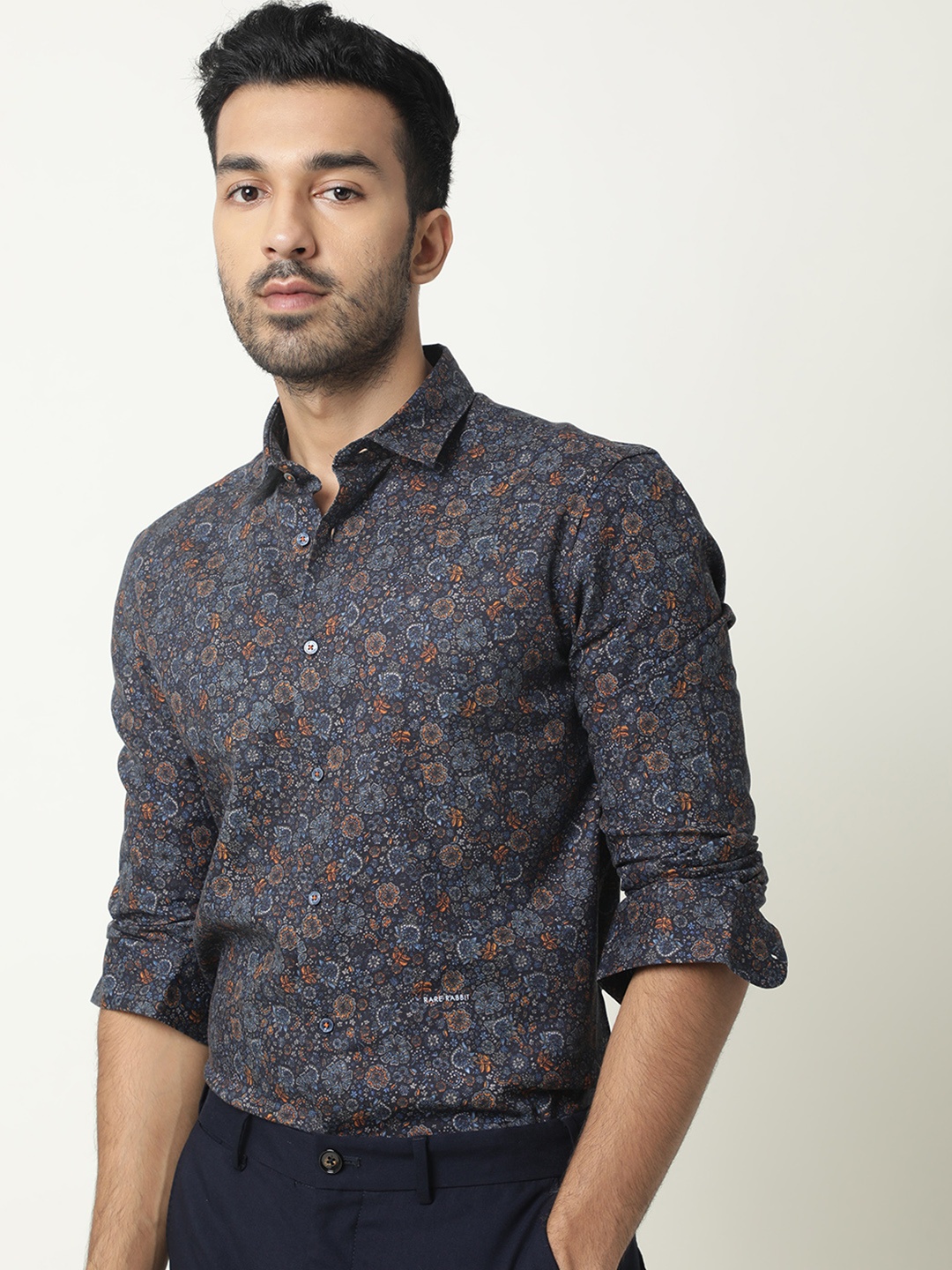 

RARE RABBIT Men Greatix Slim Fit Floral Opaque Printed Shirt, Navy blue