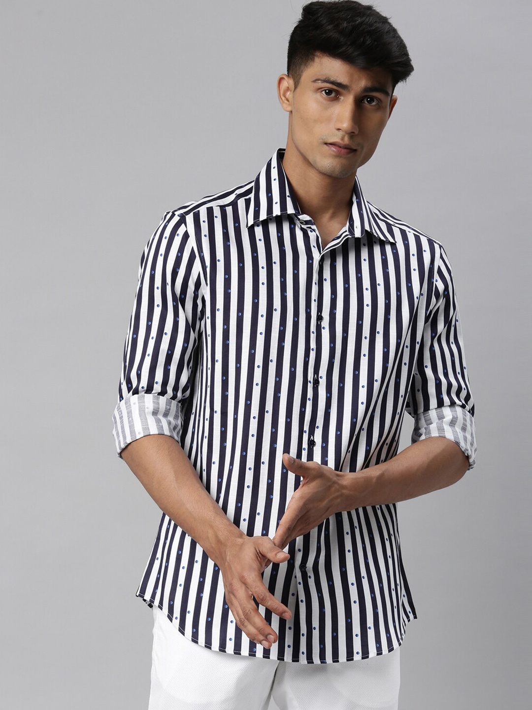 

RARE RABBIT Men White Tailored Fit Opaque Striped Casual Shirt
