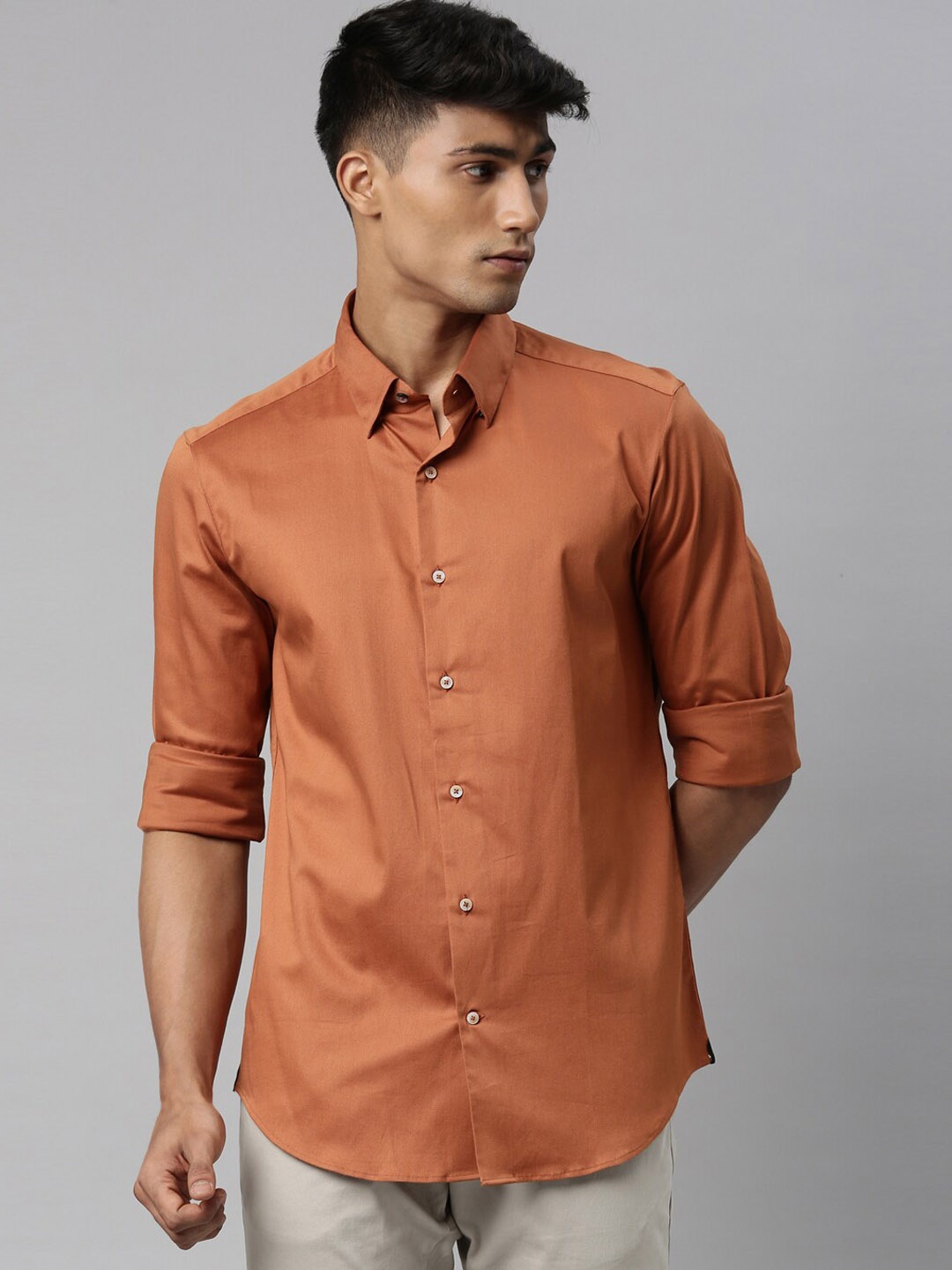 

RARE RABBIT Men Sato Slim Fit Opaque Shirt, Rust