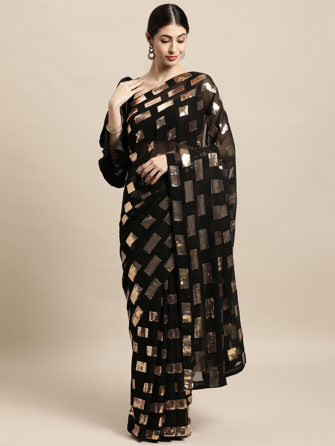 

Tikhi Imli Black & Gold-Toned Embellished Sequinned Saree