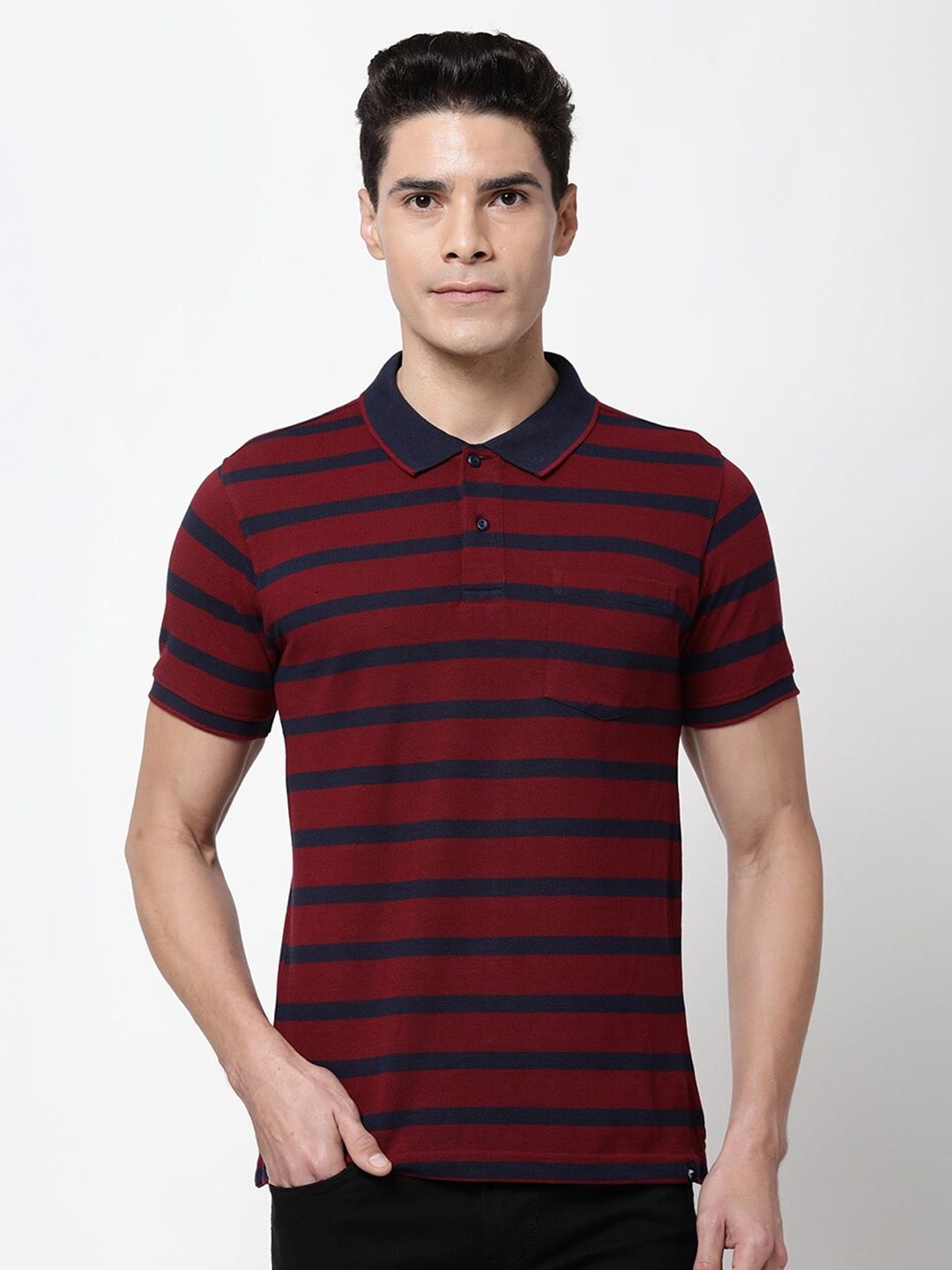 

Ruggers Men Maroon Striped Polo Collar Pockets Slim Fit T-shirt