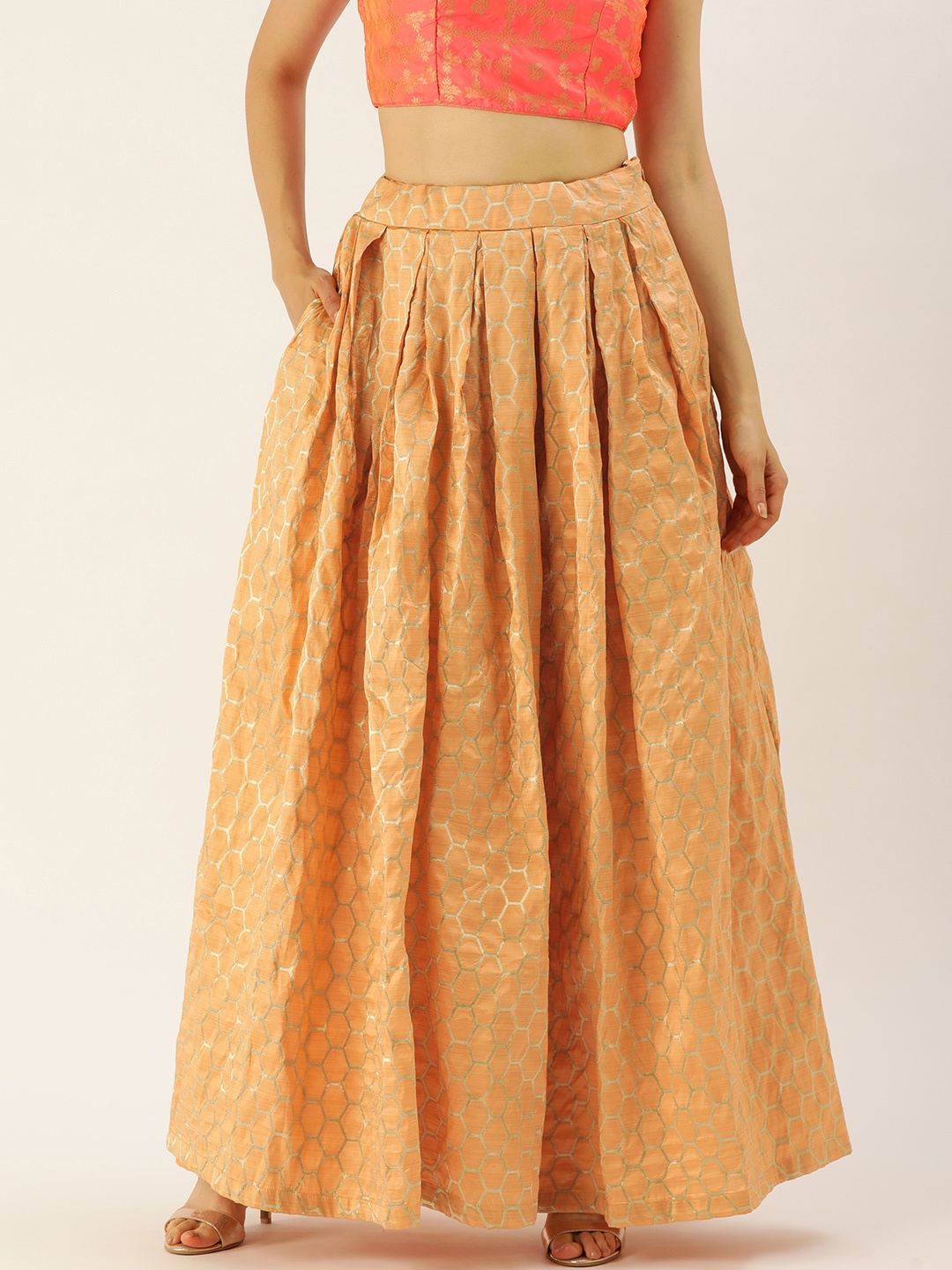 

Ethnovog Made To Measure Peach-Coloured Brocade Pleated A-Line Skirt