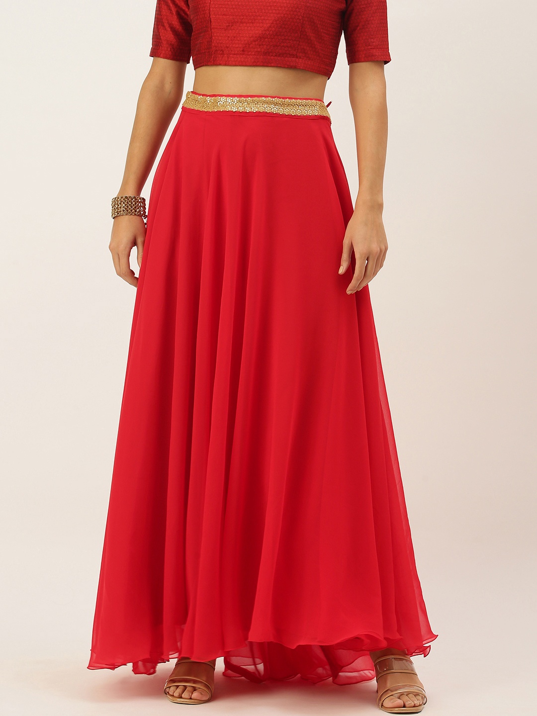 

Ethnovog Women Red Solid Made to Measure Maxi Flared Skirt