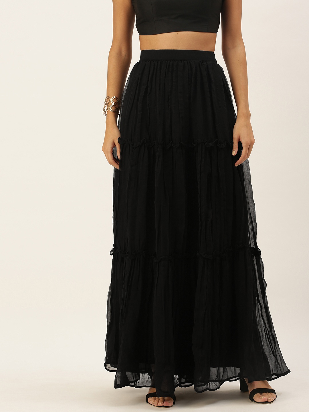 

Ethnovog Women Black Solid Made To Measure Tiered Skirt