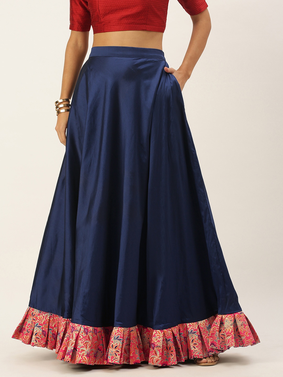

Ethnovog Women Navy Pink Made To Measure Solid Maxi Taffeta Skirt, Navy blue