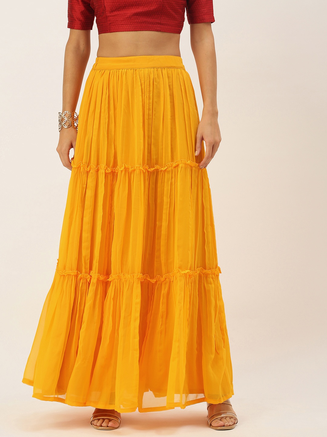 

Ethnovog Women Mustard Yellow Solid Made To Measure Tiered Skirt