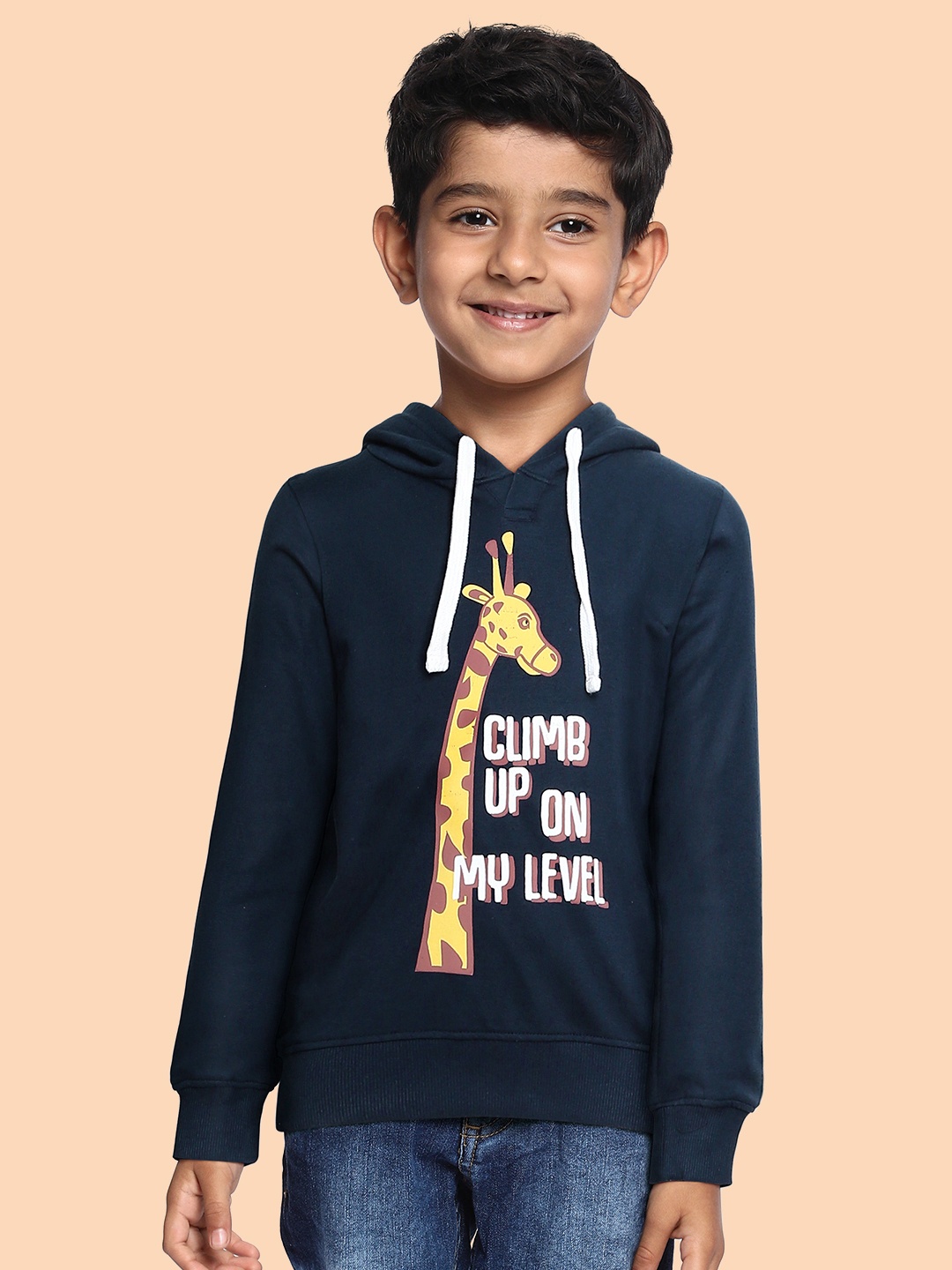 

Miss & Chief Boys Navy Blue Graphic Printed Hooded Pure Cotton Pullover
