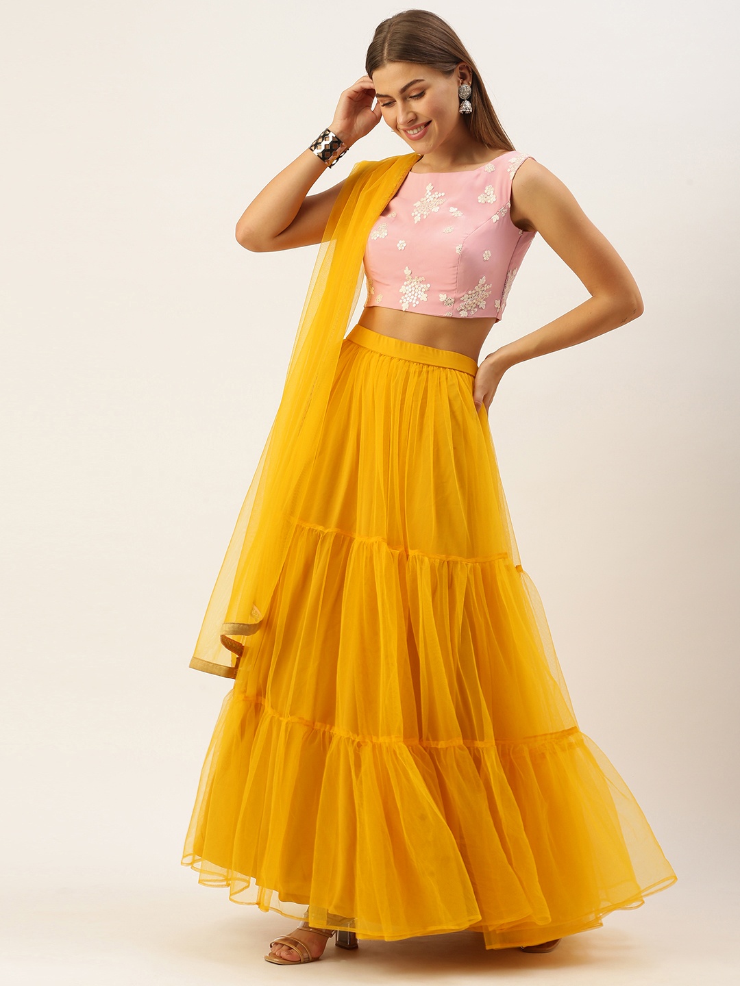 

Ethnovog Pink Yellow Sequinned Made to Measure Lehenga Blouse With Dupatta