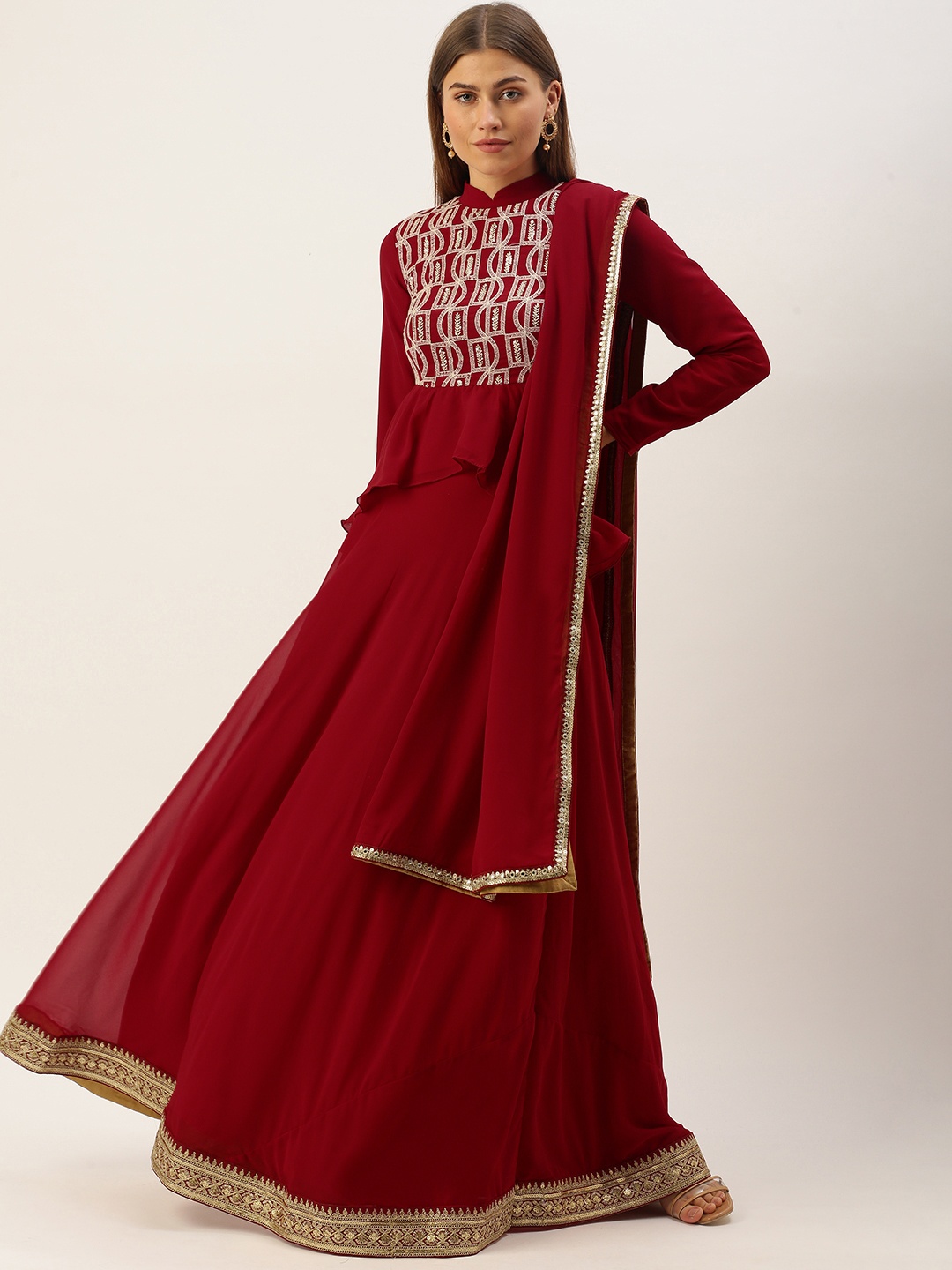 

Ethnovog Maroon Sequinned Made to Measure Lehenga Blouse With Dupatta