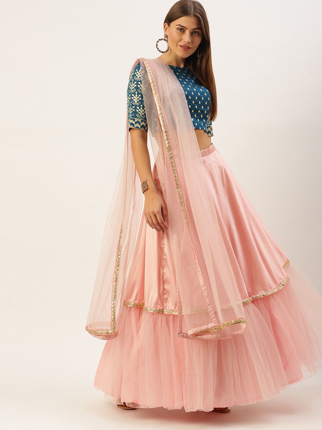 

Ethnovog Blue Pink Made to Measure Lehenga Blouse With Dupatta