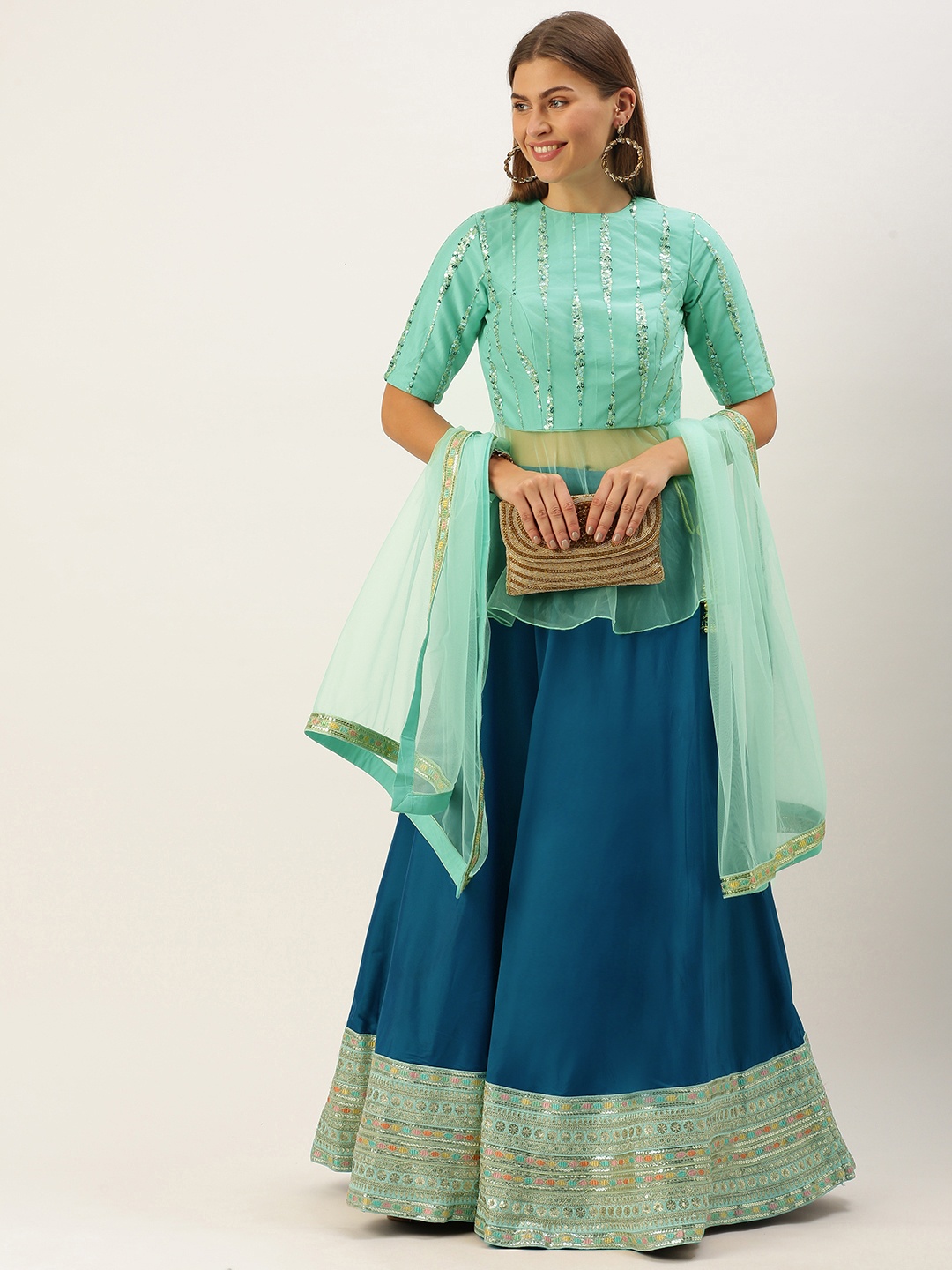 

Ethnovog Green Blue Sequinned Made to Measure Lehenga Blouse With Dupatta