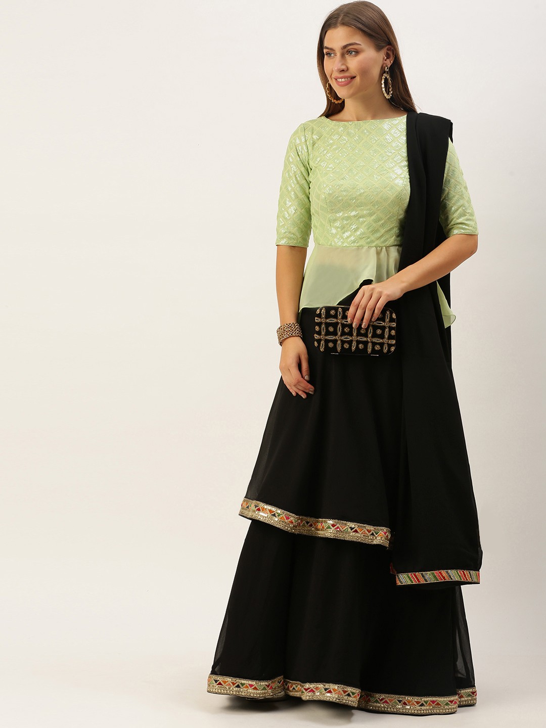 

Ethnovog Green Black Sequinned Made to Measure Lehenga Blouse With Dupatta