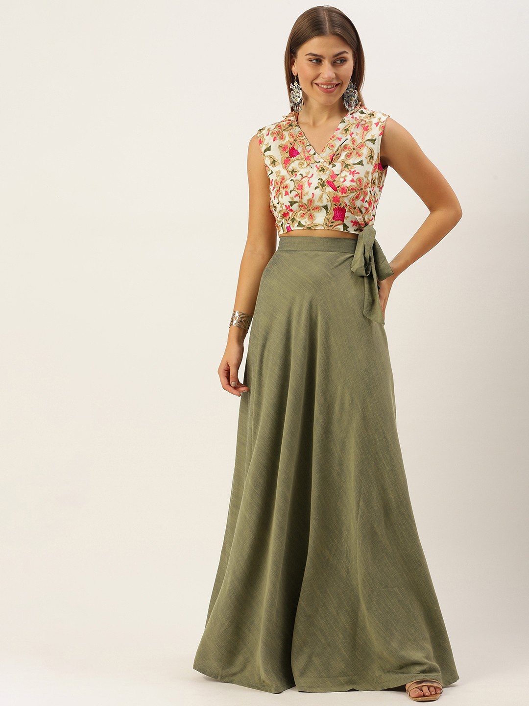 

Ethnovog Off White Olive Green Printed Made to Measure Lehenga Set