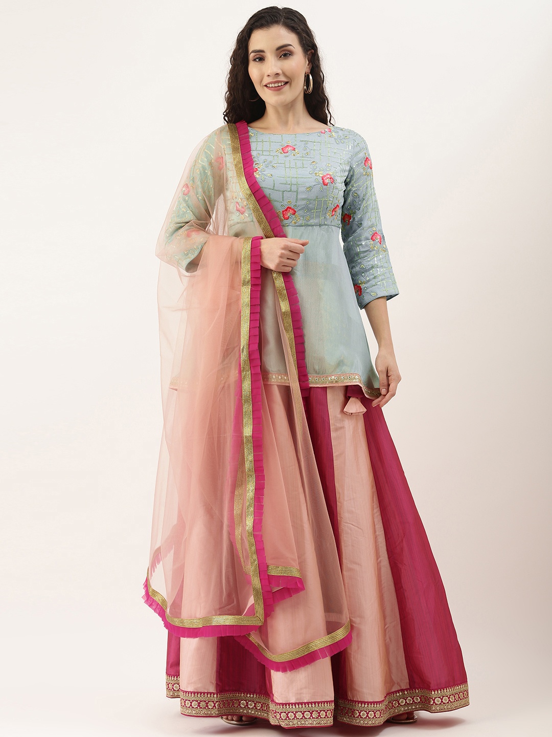 

Ethnovog Blue Pink Embroidered Made to Measure Lehenga Blouse With Dupatta