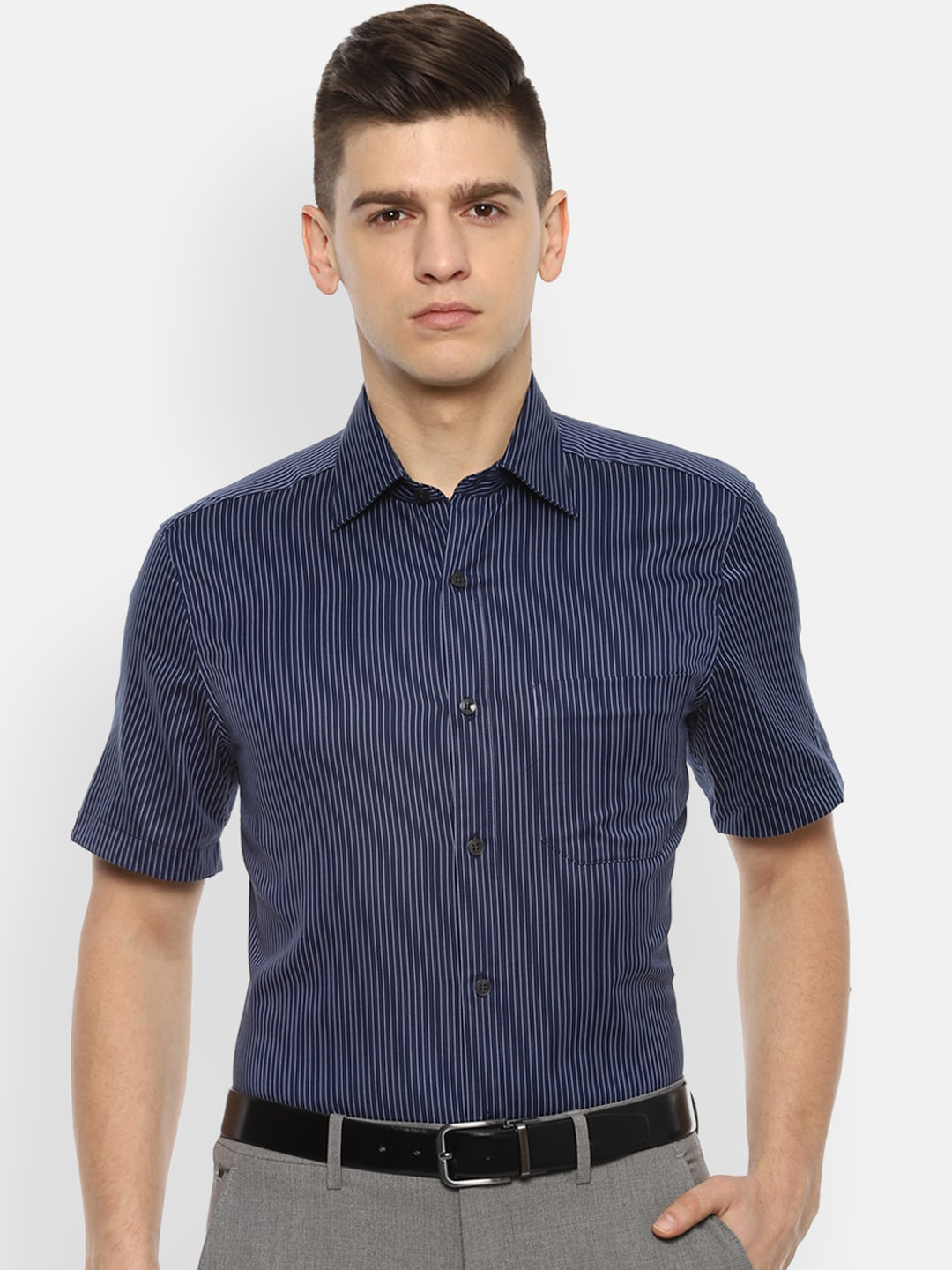

Louis Philippe Men Navy Blue Opaque Striped Formal Shirt