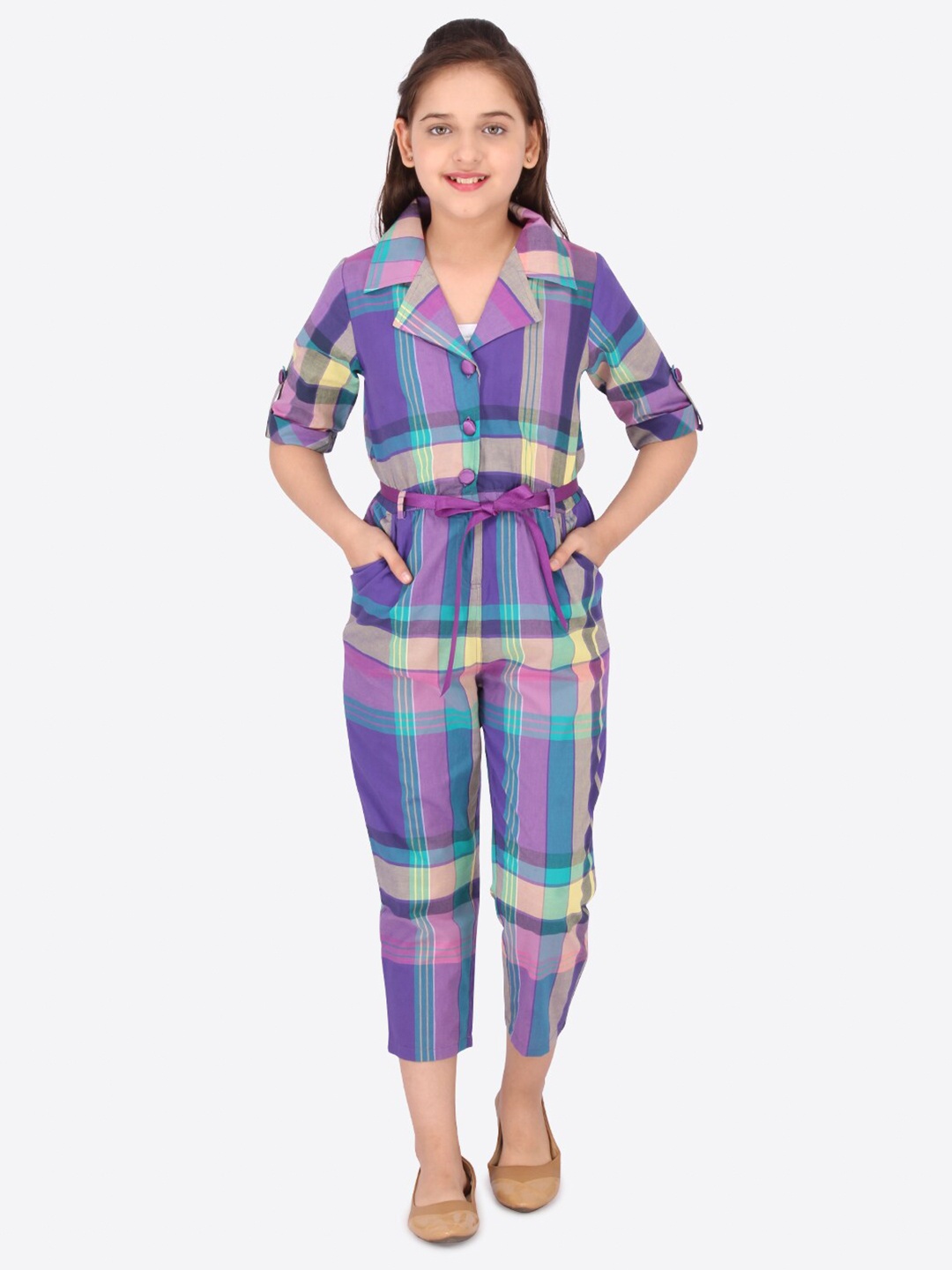 

CUTECUMBER Girls Purple Checked Culottes Jumpsuit