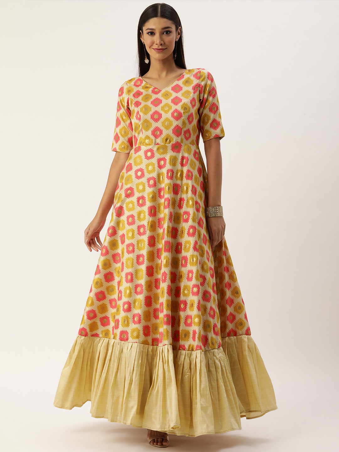 

Ethnovog Off White Yellow Ethnic Motifs Maxi Dress