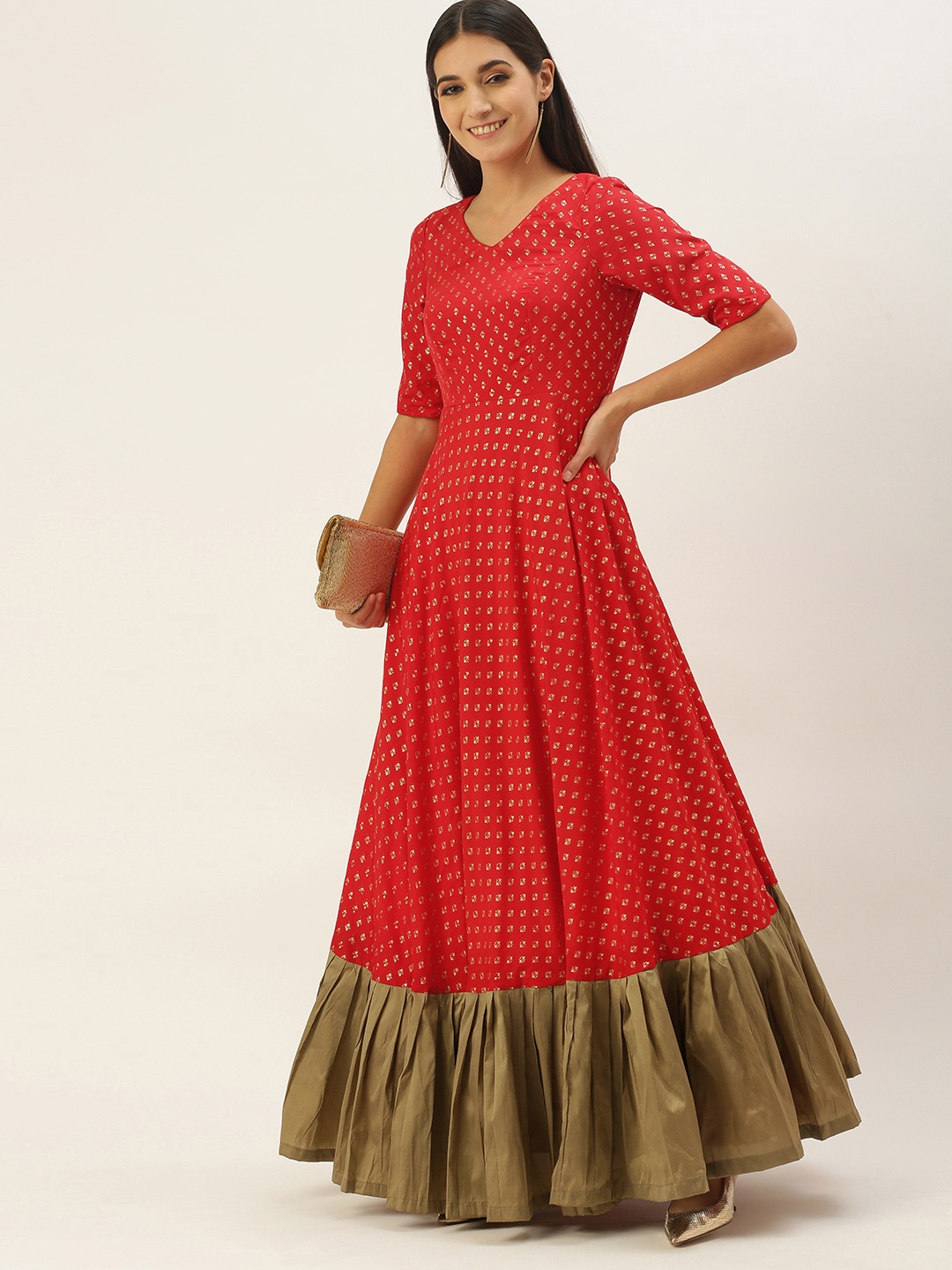 

Ethnovog Red Ethnic Motifs Ethnic A-Line Maxi Dress