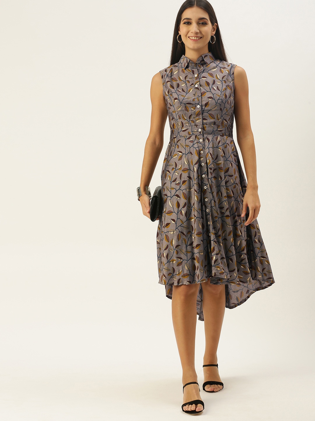 

Ethnovog Grey Floral A-Line Dress